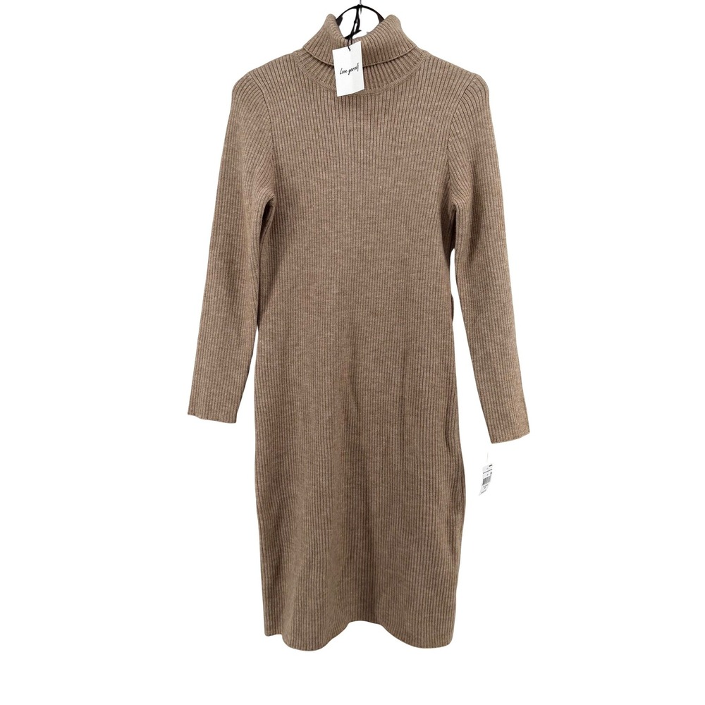 Grace + Karma Womens‎ Ribbed Turtleneck Midi Sweater Dress Camel Tan Size M NEW
